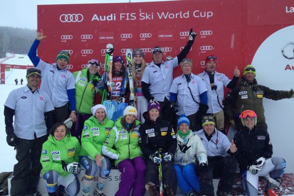 Lindsey Vonn and Stacey Cook (center), 1-2 for the second straight day, highlighting the U.S. Ski Team top-20 showing --  Julia Mancuso (ninth), Alice McKennis (11th), Laurenne Ross (18th) and Leanne Smith (20th) // photo courtesy U.S. Ski Team 