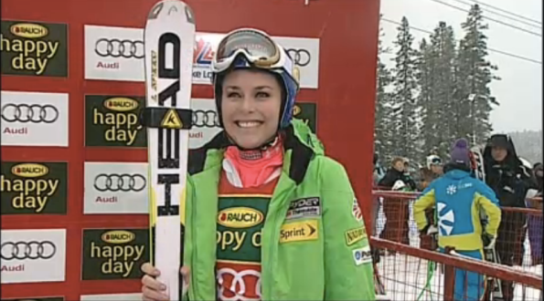 A happy Lindsey Vonn in the finish area after the super-G in Lake Louise // screen-shot Universal Sports